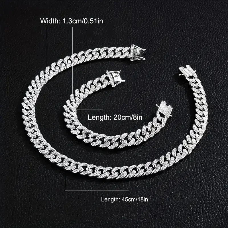 Luxury Iced Out Cuban Link Chain & Bracelet Set – Silver Plated Hip Hop Jewelry NEOLIGHT