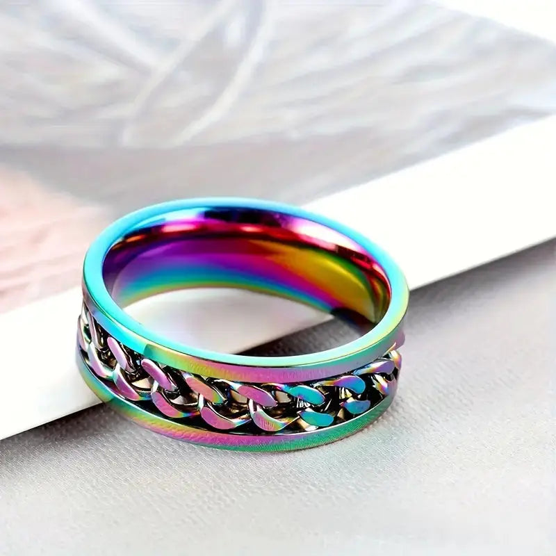 Stylish Multi-Color Chain Spinner Ring for Men & Women | Stainless Steel Rotating Fidget Ring | Trendy Unisex Jewelry NEOLIGHT